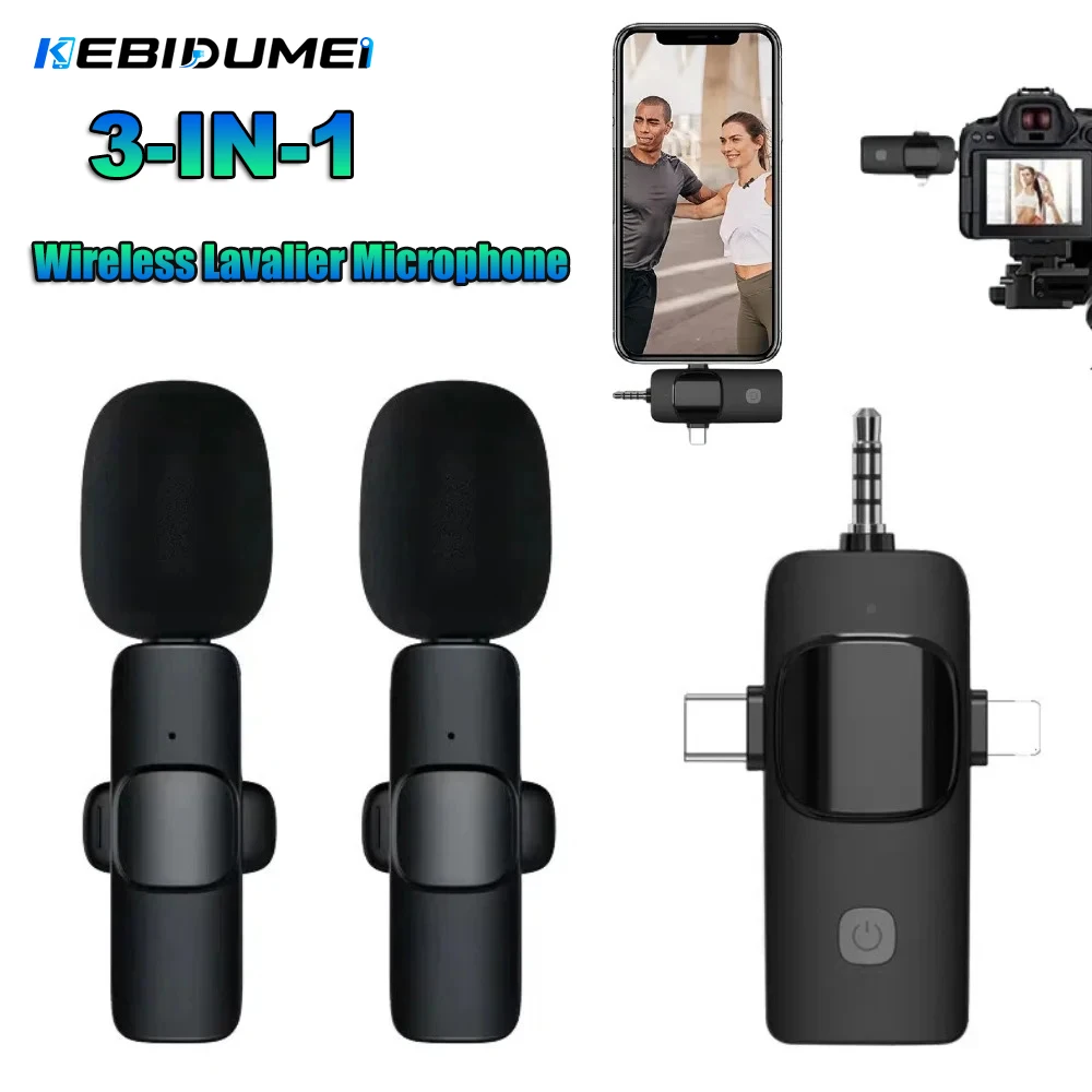 Microfone Lavalier Sem Fio 3 em 1 KEBIDUMEI para iPhone Android 3.5mm para Gravação ao Vivo Redução de Ruído Mini Microfone