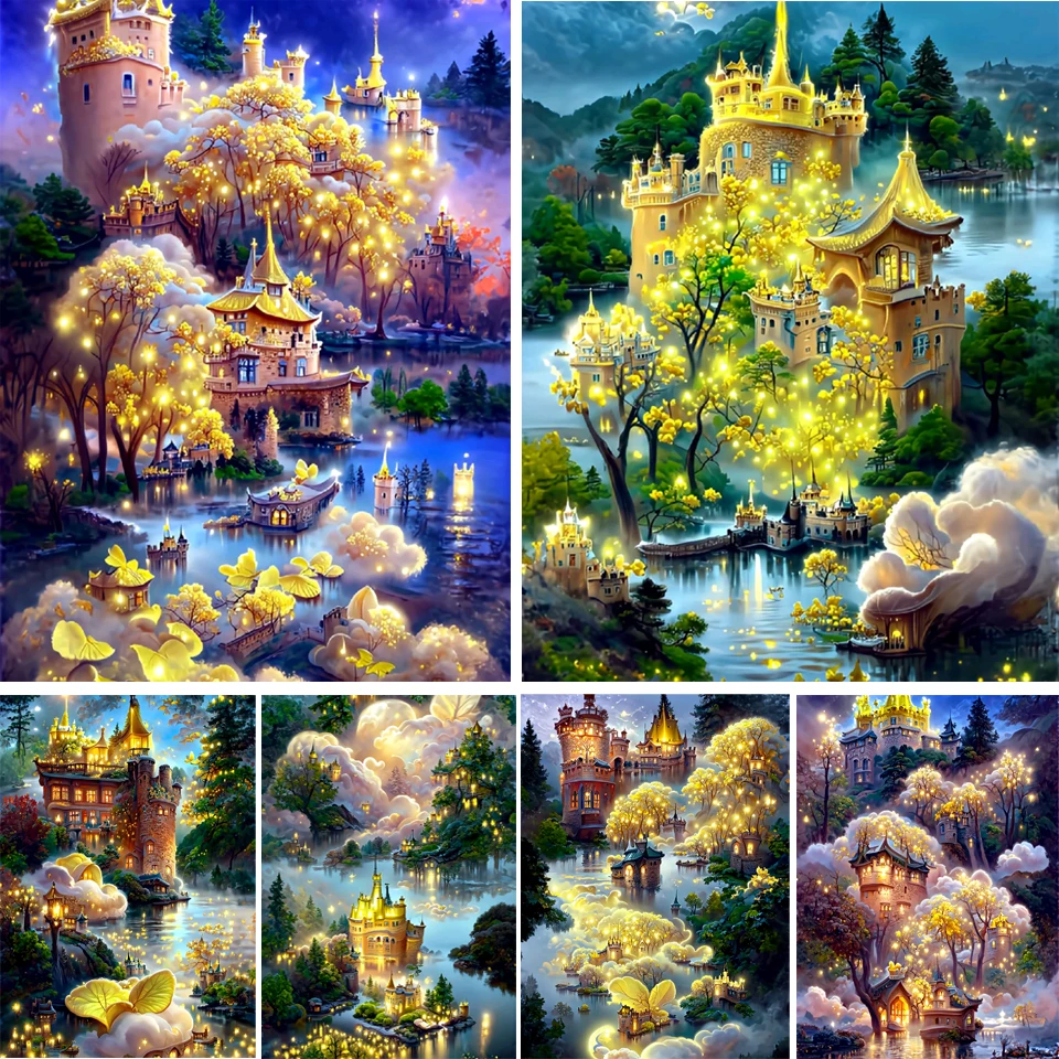 Алмазная живопись дом Фэнтези Пейзаж Вышивка крестиком дерево замок озеро пейзаж мозаика домашний декор