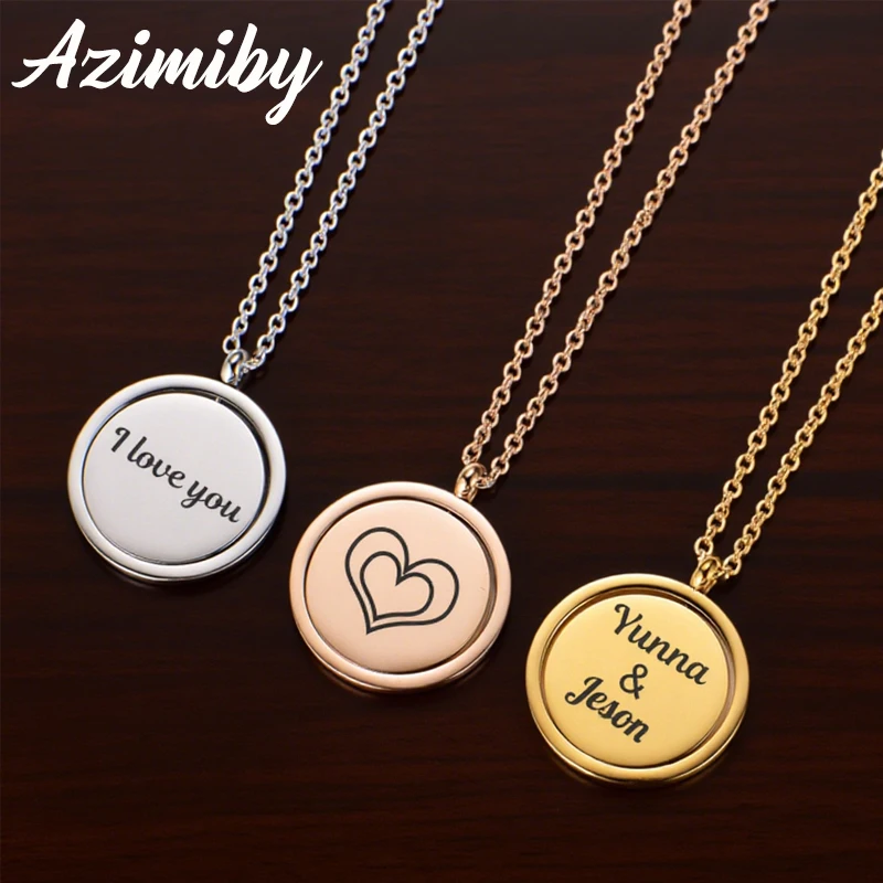 Azimiby Engrave Name Rotating DIY Smooth Round Pendant Necklace  For Women Men Stainless Steel  Custom Symbol Jewelry Gift