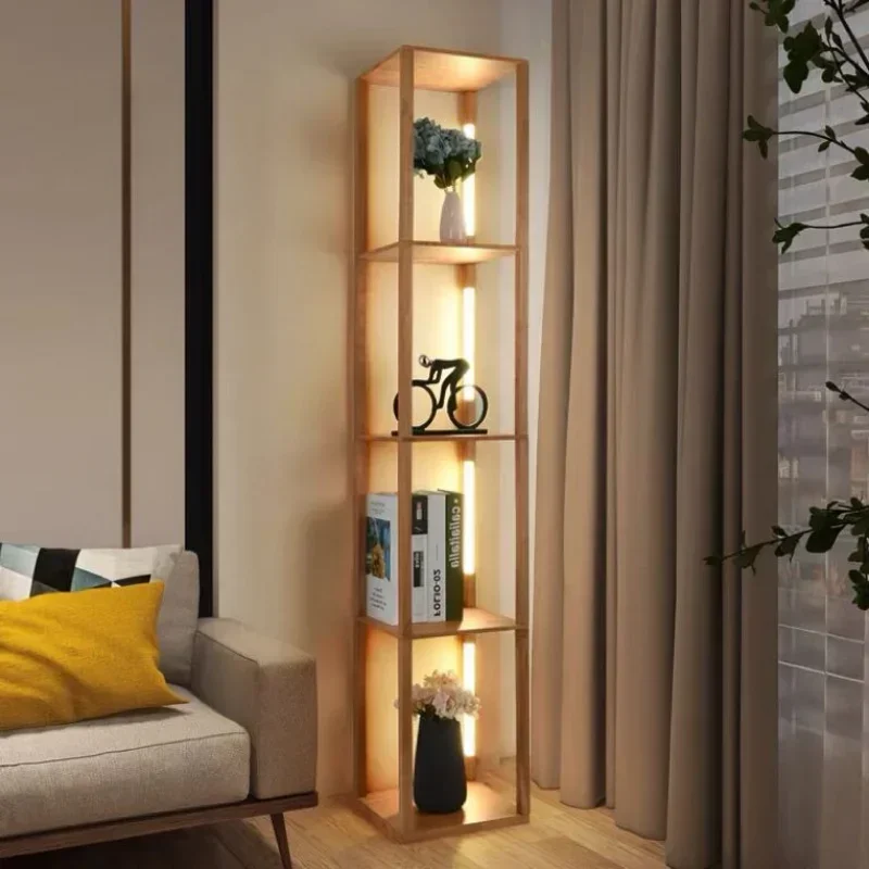 

Wood LED Shelf Floor Lamp Storage Standing Lighting Nordic Modern LED Floor Lamps Indoor with Foot Swicth for Home Decoration