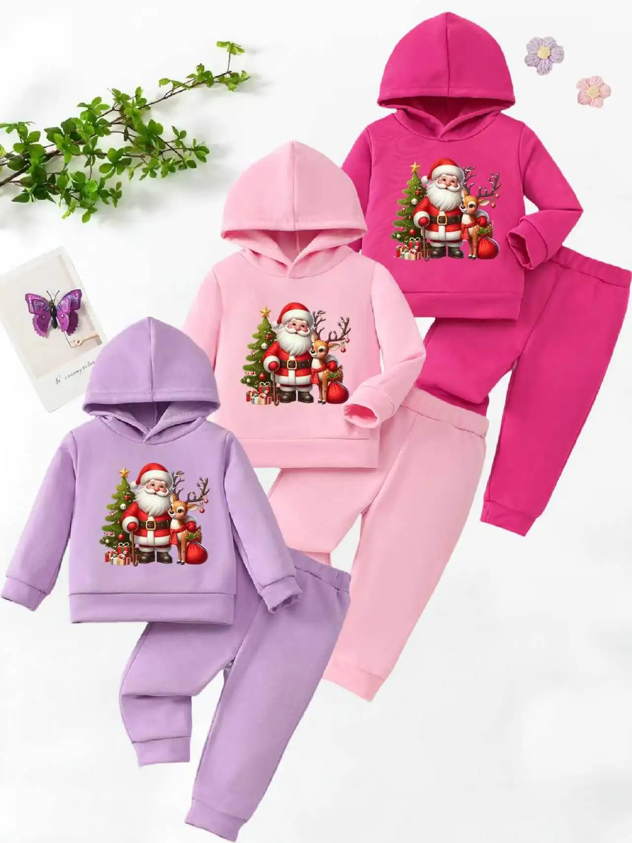 2Pcs Fall Winter Toddler Girl My First Christmas Outfit,Santa Reindeer Print Hooded Sweatshirt & Jogger Pants,Cute Festival