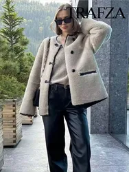 TRAFZA Winter Fashion Women's Casual Jacket Shearling Jacket Solid Color O Neck Long Sleeve Single Breasted Women's Pocket Coat