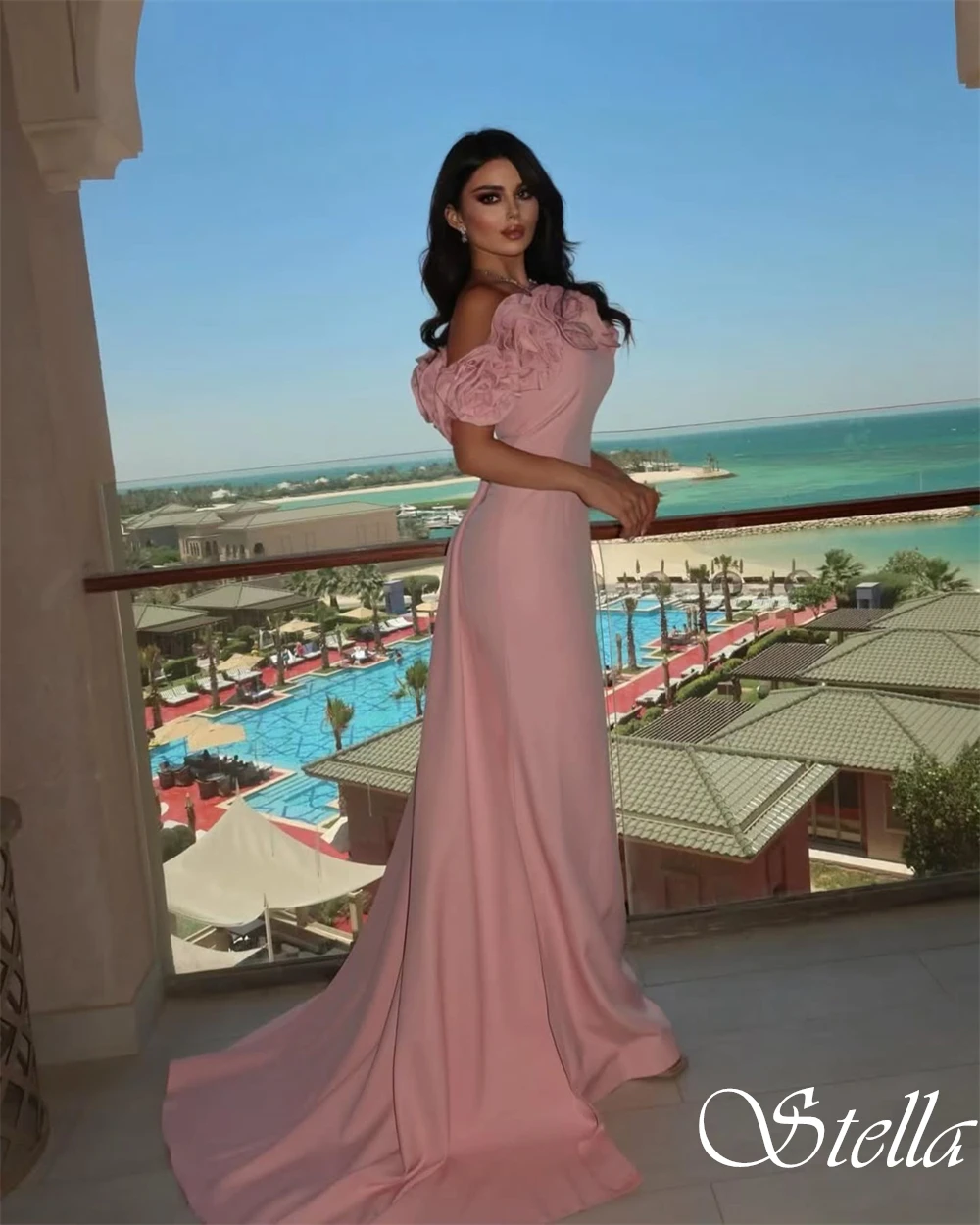 Customized Strapless Short Sleeves Exquisite Evening Dress Mermaid Floor Length Cocktail Dress Watteau Train Luxury Prom Dress