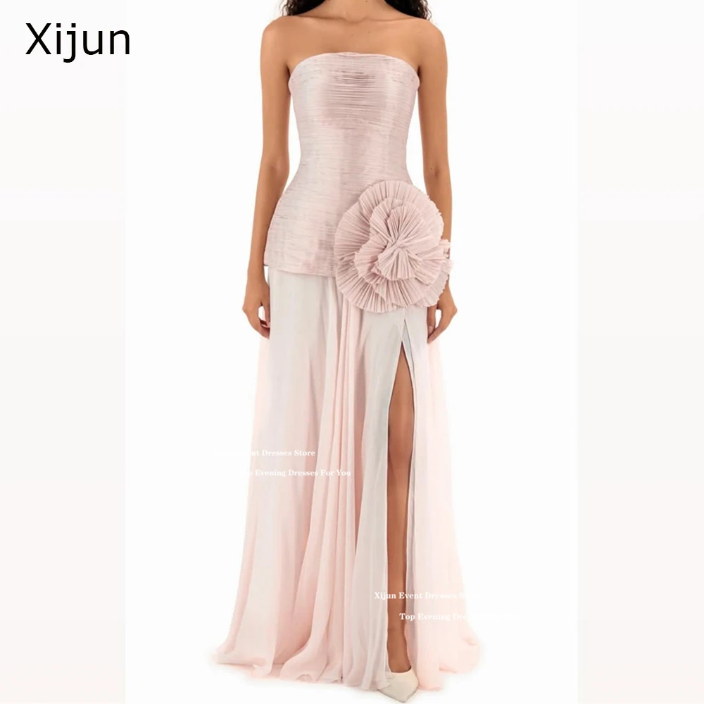 Xijun Blush Pink Chiffon Evening Dresses Ruched Sleeveless 3D Flowers Prom Dresses Split Luxury Dubai Prom Gowns 2026 Customized
