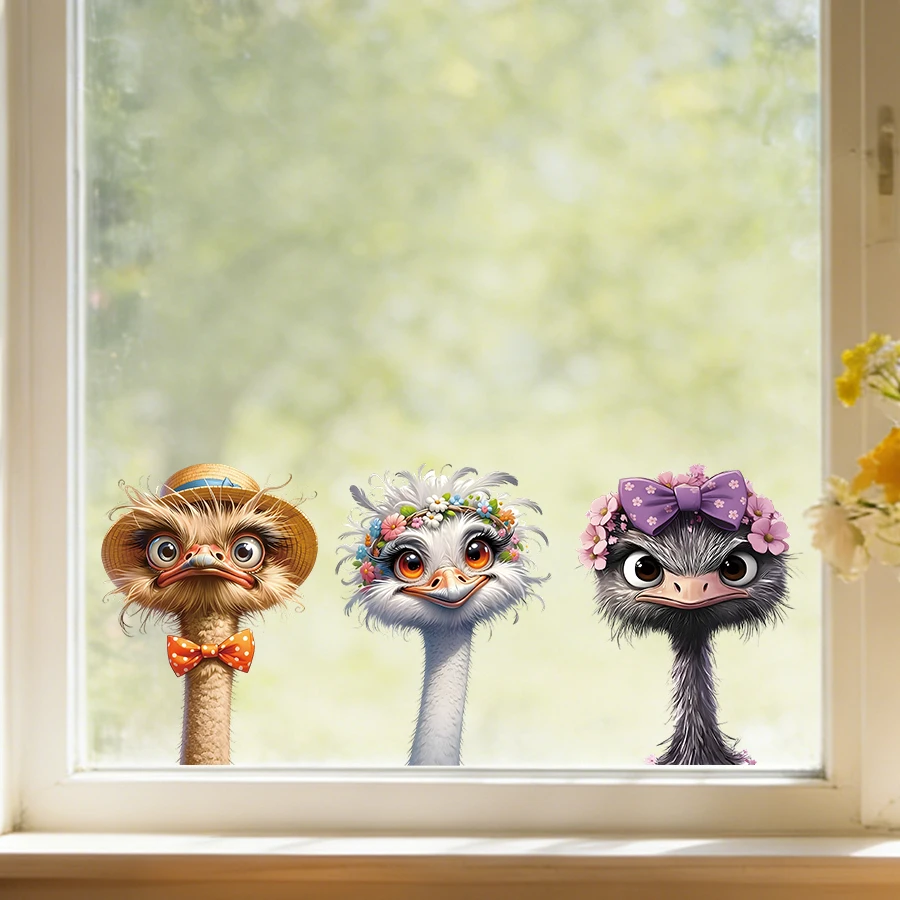 1/3 Blatt süße Straußen-Fensteraufkleber, doppelseitig sichtbar, wiederverwendbare statische Fensteraufkleber mit Cartoon-Tiermotiven für Kinderzimmer