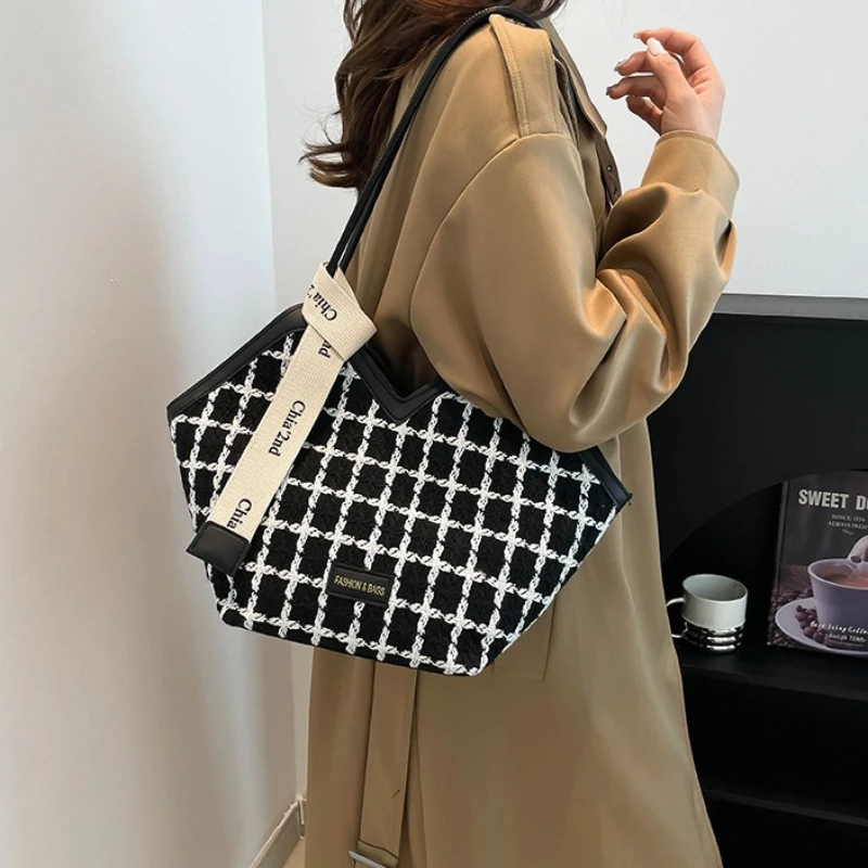 Chic Grid Shoulder Bags, Leather Handle, Decorative Ribbon, Vintage Handbag for Women's Commute, Daily Shopping Casual Tote Bag