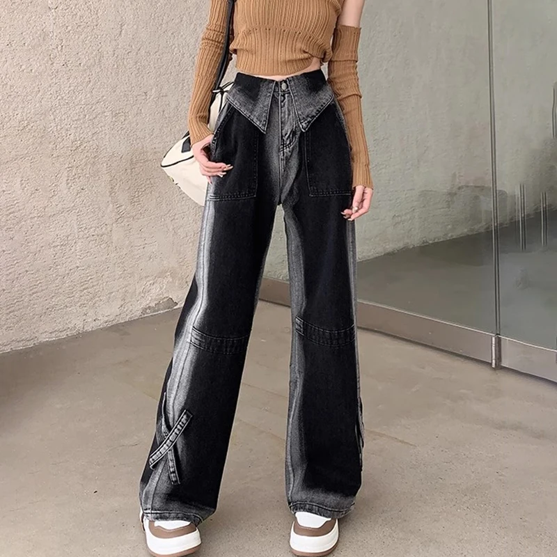 MiiiiX High Street Gradient Cuffed Denim Jeans Women Wide-leg Pants 2024 Autumn New Loose Straight Long Trousers Female Clothes