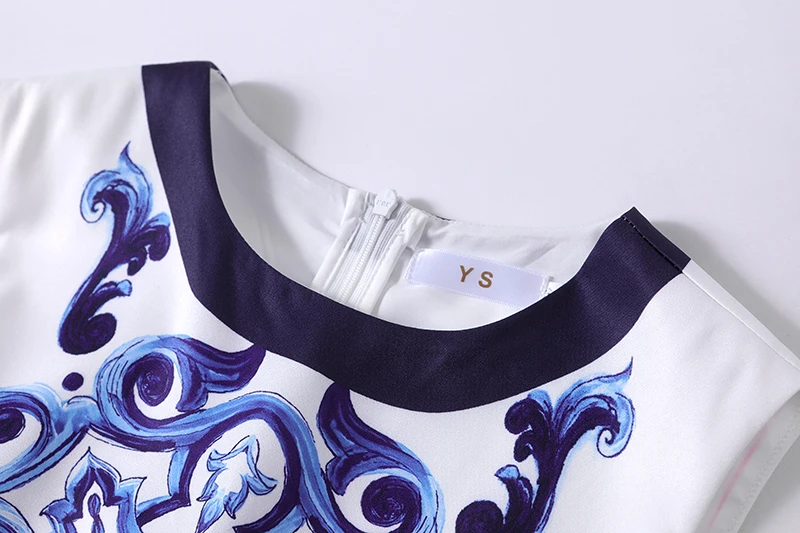 Vestido corto de verano de pasarela para mujer, cuello redondo, sin mangas, amarillo, azul y blanco, estampado de flores de porcelana, vacaciones,