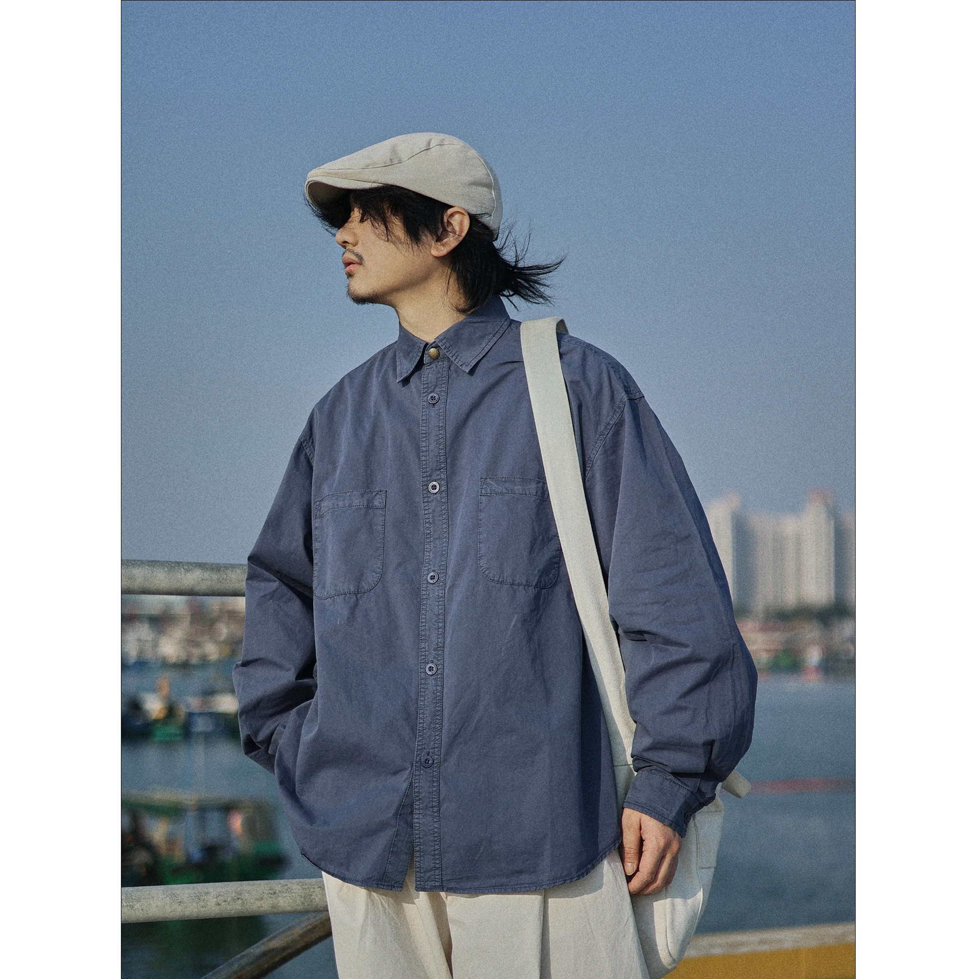 

Washed Vintage Pure Cotton Long Sleeve Shirt Men's Basic Style Spring Japanese Blue Shirt Jacket Loose Fit Regular Thickness