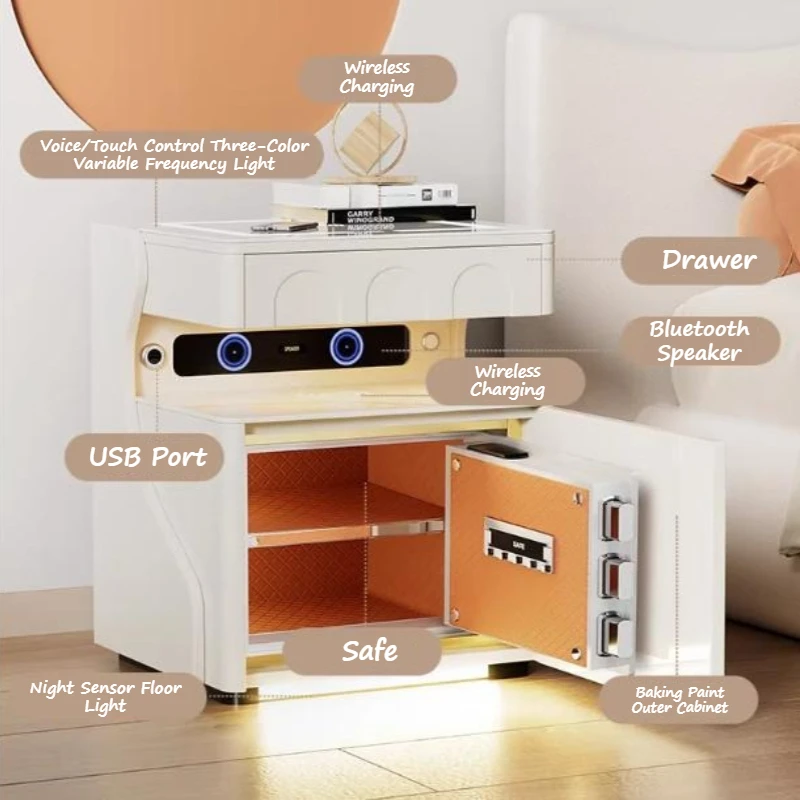 Modern Minimalist Bedside Table With Charging Station Wooden Nightstands Tricolor Lamps Dimmable Touch Control Room Furniture