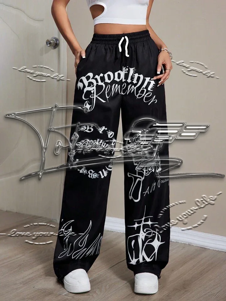 

2025 Fashionable Sporty Casual Butterfly and Letter Print Drawstring Straight Leg Pants, Autumn Women's Wear Fabric