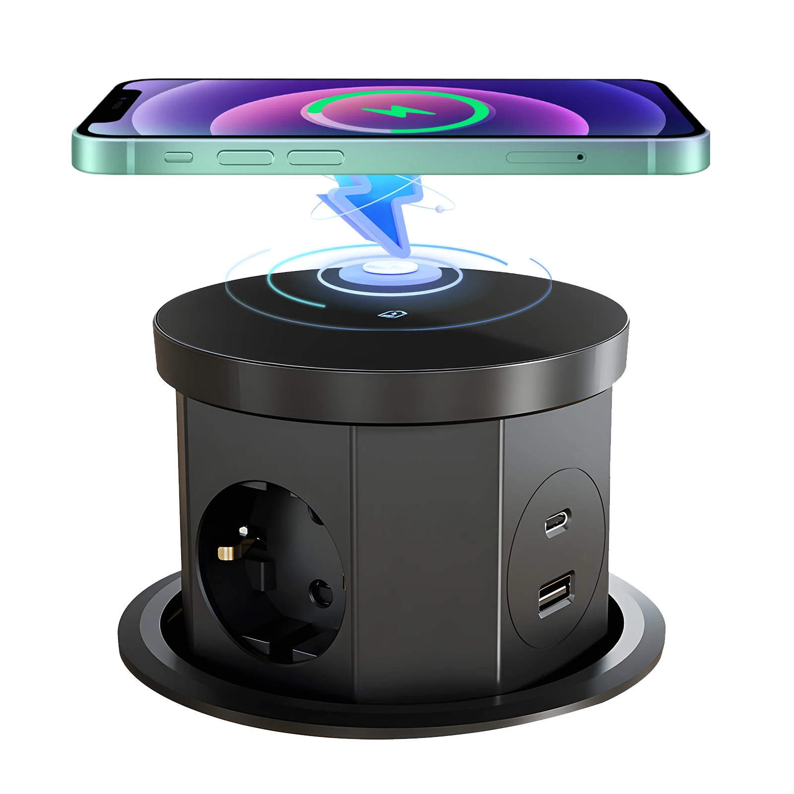 Pop-Up-Tischsteckdose, Hebesteckdose, USB-Typ-C-Steckdose, EU-Steckdose, 15 W kabelloses Laden, versteckte Hebesteckdose für den Schreibtisch