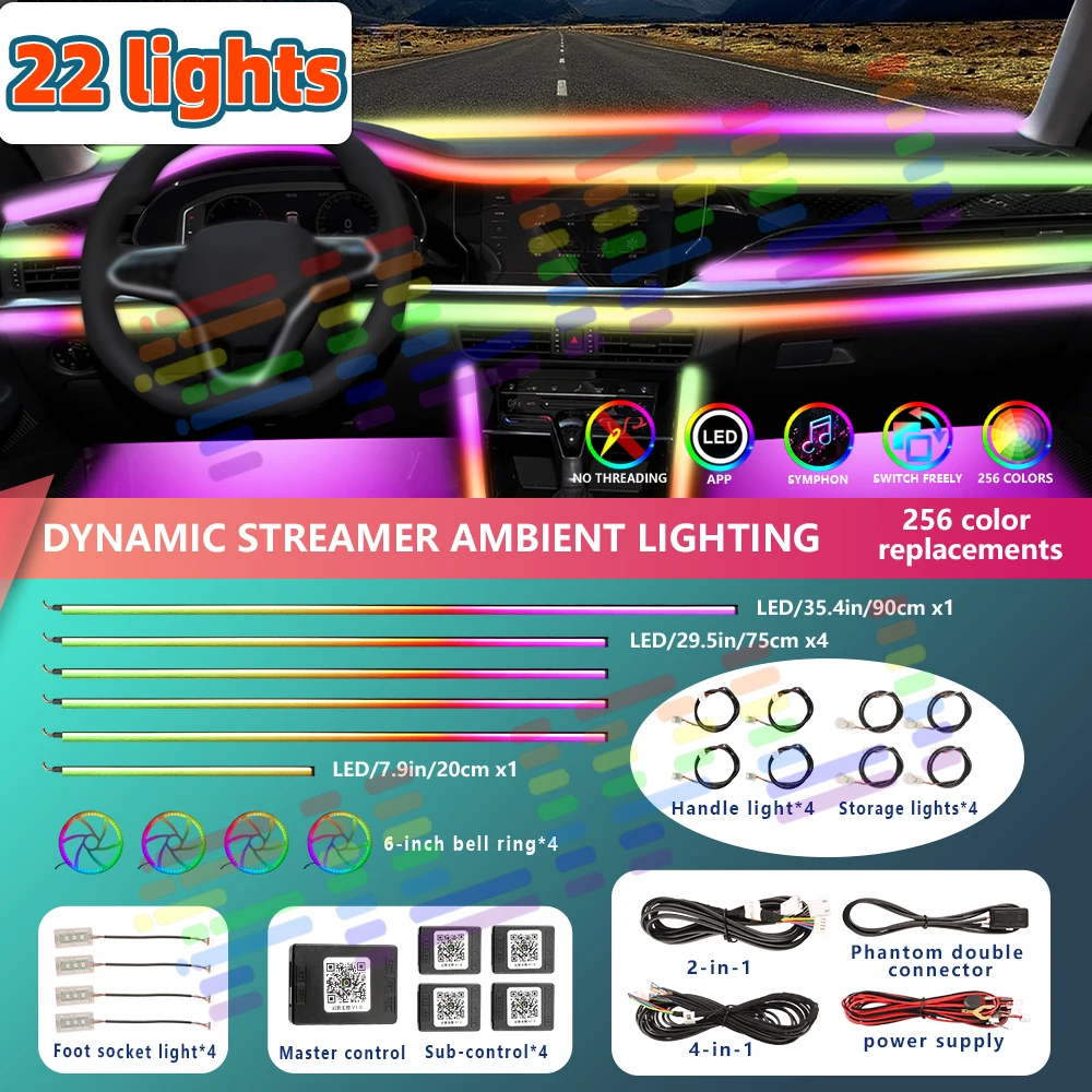 Car Interior Ambient Light App 64 RGB Symphony Control Auto Atmosphere Universal Acrylic LED Lamp Strips Rainbow Lighting 22 in1