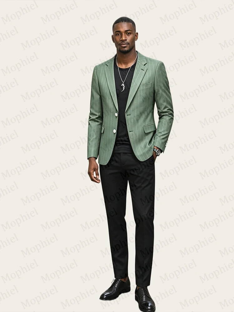 Mophiel Men Suit and Separates Notched Lapel Two Buttons Green Pinstripe Single Tuxedo Prom Slim Fit Business Blazer Customized