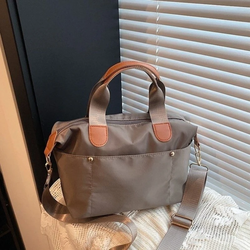 Black Khaki Nylon Canvas Tote Bag Large Capacity Crossbody Shoulder Bag with Leather Accents Travel Handbag Commute Women Men