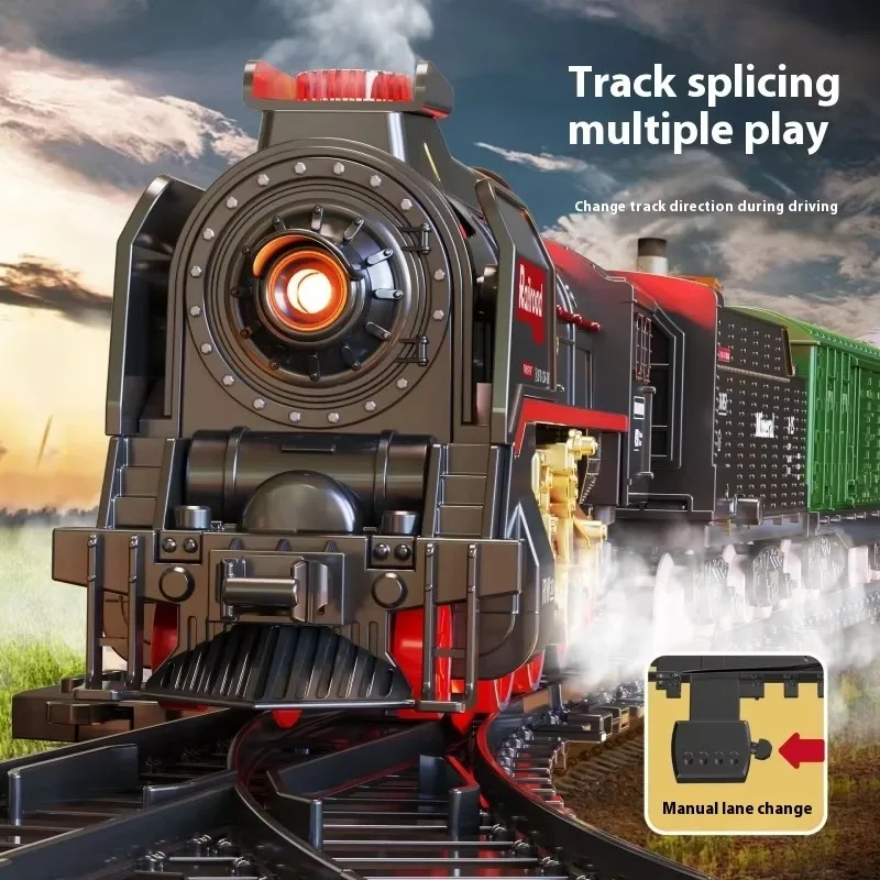 Retro Steam Train Track Toy Set Electric  Simulation Track Car with Spray and Lights Children Toy Christmas Gift