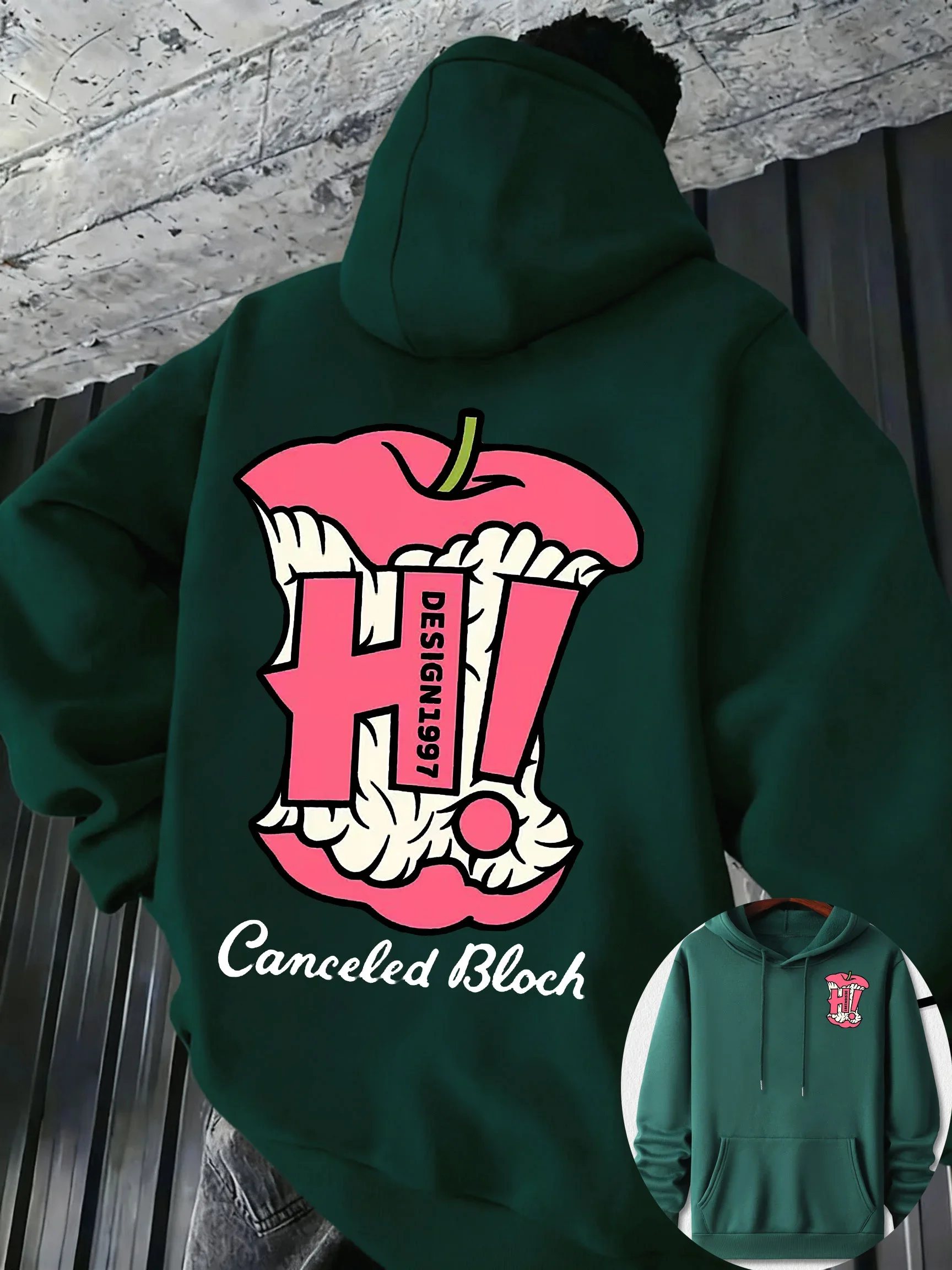 Streetwear Retro Cartoon Bite Apple Hi Letter Graphic Front Back Dual‑side Print Hoodie Loose Fit Unisex Autumn Winter