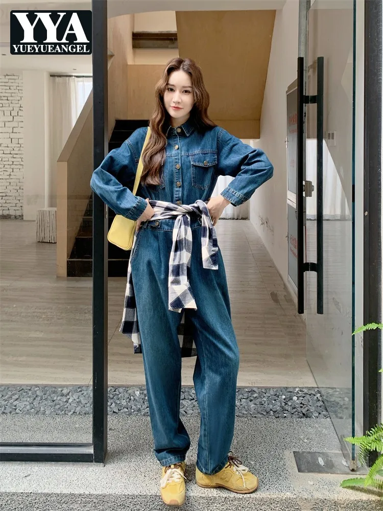 

Vintage Women Denim Overalls Spring Autumn Long Sleeve High Waist Casual Cargo Work Jumpsuits Streetwear Hip Hop Rompers Female