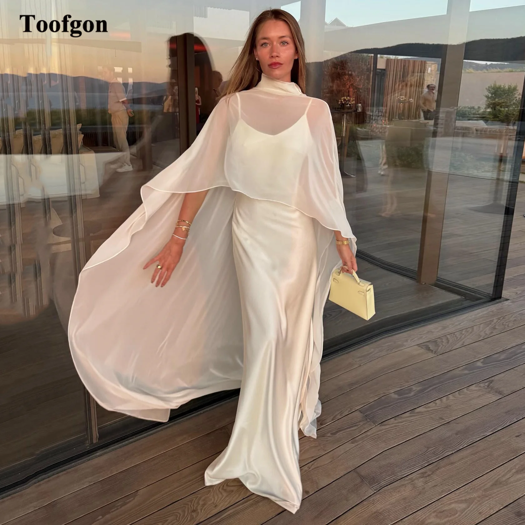 Toofgon Mermaid Silk Satin Customized Wedding Dresses 2 Pieces Formal Bridal Gowns With Wrap Women Evening Party Prom Dress