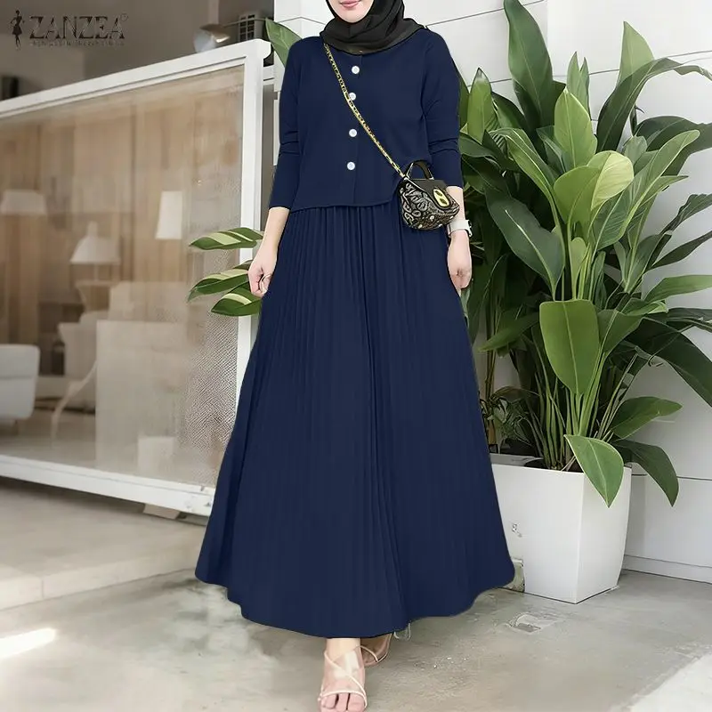 

ZANZEA Ramadan Outfits Muslim Sets Elegant Women Autumn Long Sleeve Dress Suit Solid Shirt Long Skirt 2026 Spring Matching Sets