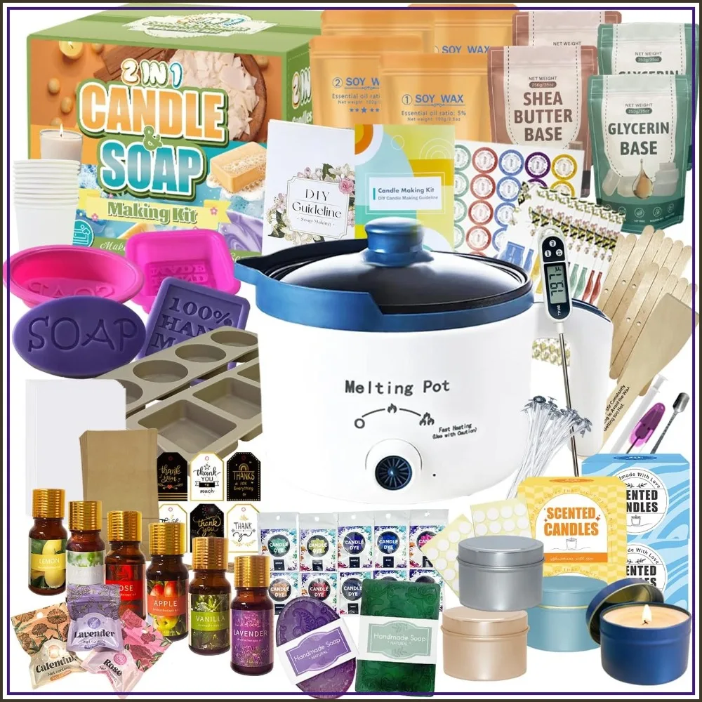 2-in-1 Candle & Soap Making Kit for Beginners, Complete DIY Craft Set with Melting Pot, Wax, Soap Base, Molds, Fragrance Oils & Dyes