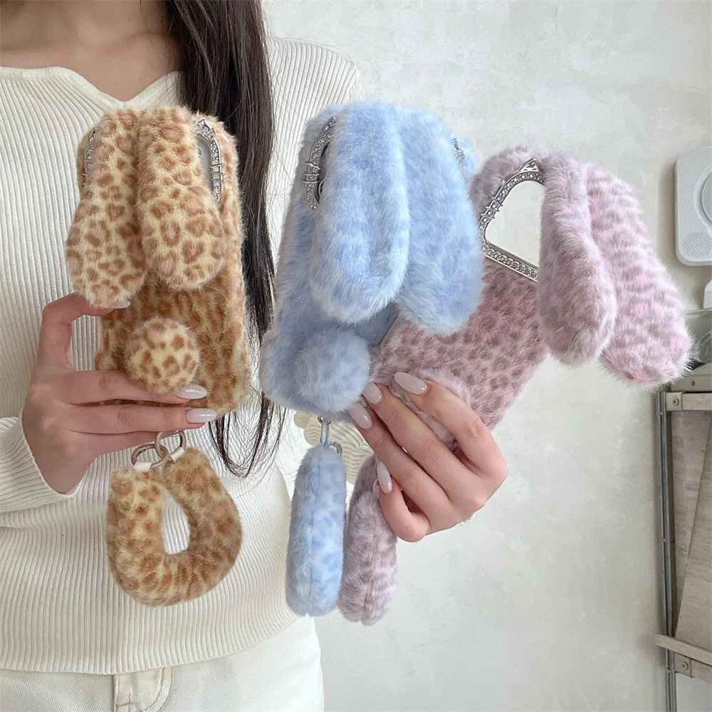 

Cute Fluffy Plush Long Ears Rabbit Phone Case for iPhone 17 Pro Max 15 14 13 16 Pro Girls Furry Protector Cover With Hand Strap