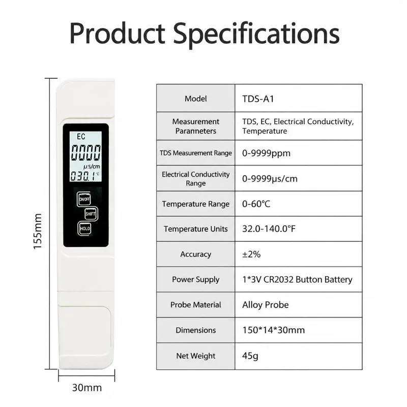 Pocket‑sized Multi‑purpose Water‑testing Stylus Gauge Measure TDS EC Readings High‑accuracy Hand‑operated Analyzer for Household