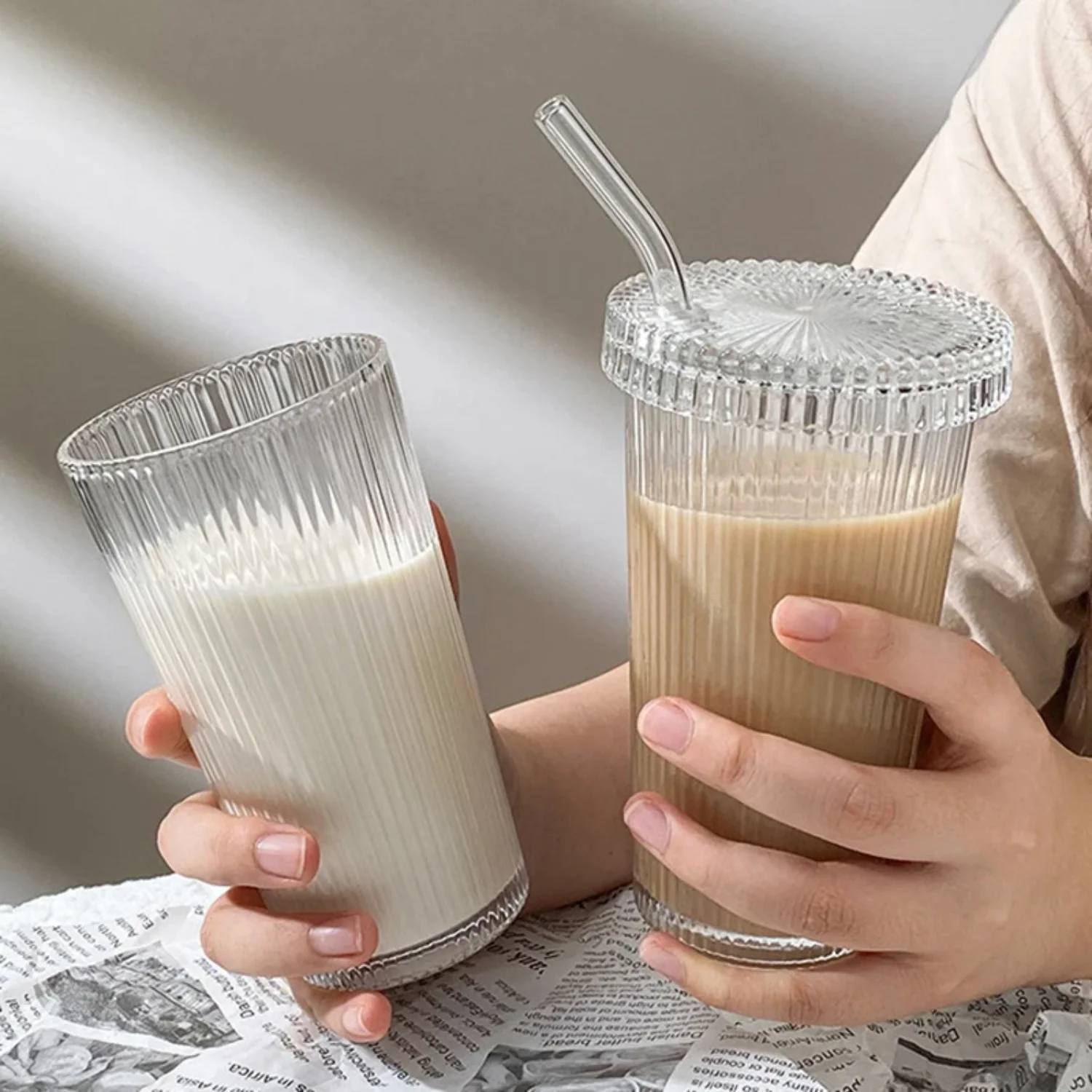 380ml Simple Stripe Glass Cup With Lid And Straw Transparent Tea Cup Juice Glass Beer Can Milk Mocha Cups Breakfast Coffee Mug