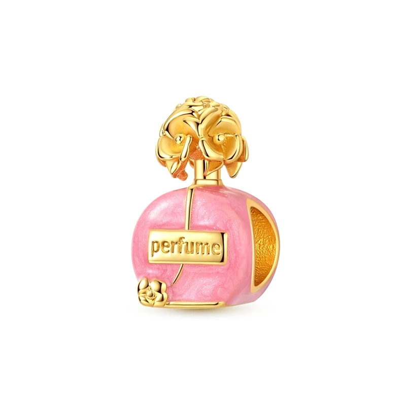 925 Sterling Silver Gold Plate Camellia Perfume Charms Bead CZ Pink Zirconium Dangle Fit Original Bracelet DIY Women Jewelry