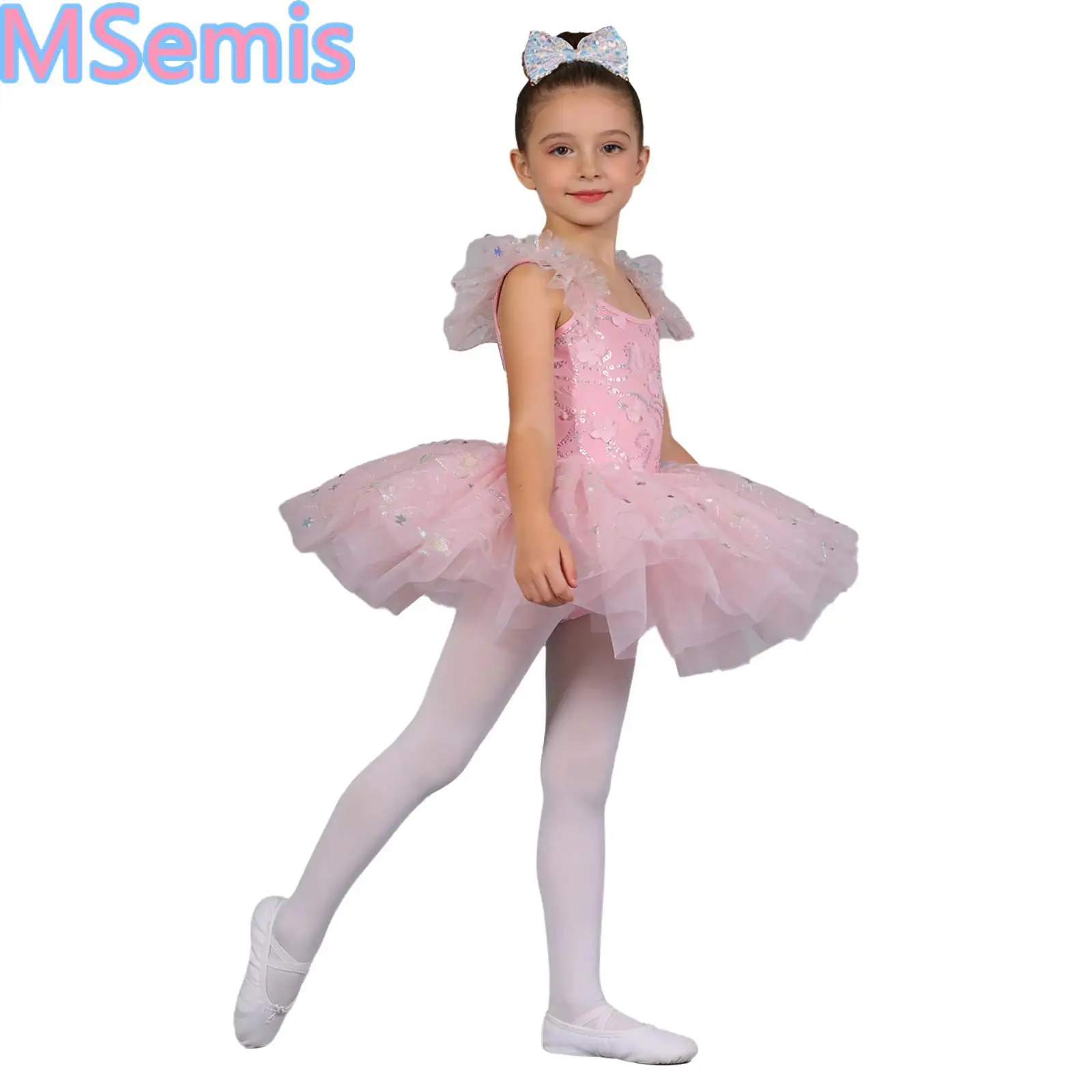 Kids Girls Ballet Dance Performance Outfit Set Ruffle Flower Sequin Bodice Sparkly Tulle Dress with Bow Tutu Ballerina Dancewear