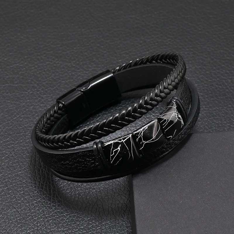 New Men's Leather Braided Bracelet Crack Pyramid Alloy Magnet Buckle Multilayer Leather Bracelet Bracelet