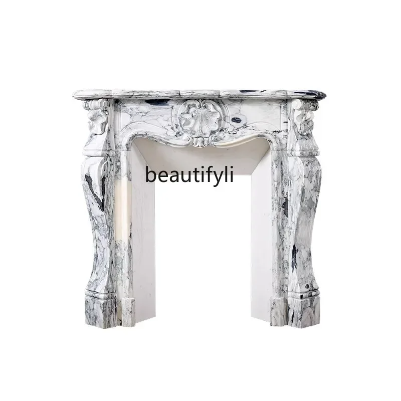 

xz1Sculpture Customization Arabescato Marble Mantelshelf French Light Luxury Fireplace Living Room Decoration Stone Carving