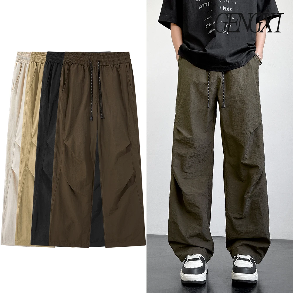 

American-style wide-leg work pants High street pleated design drawstring Paratrooper pants Korean-style straight-leg casual pant