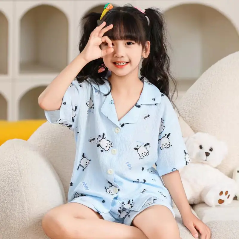 

2Pcs Anime Summer New Pochacco Children's Pajamas Set Cinnamoroll Kids Cardigan Short Sleeve Sleepwear Girls Boy Homewear