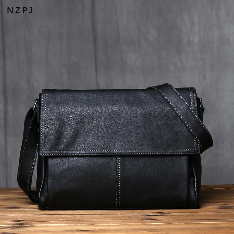 NZPJ Genuine Leather Men's Shoulder Bag, Top Layer Cowhide Shoulder Bag, Solid Color Tablet Computer Trend Men's Bag