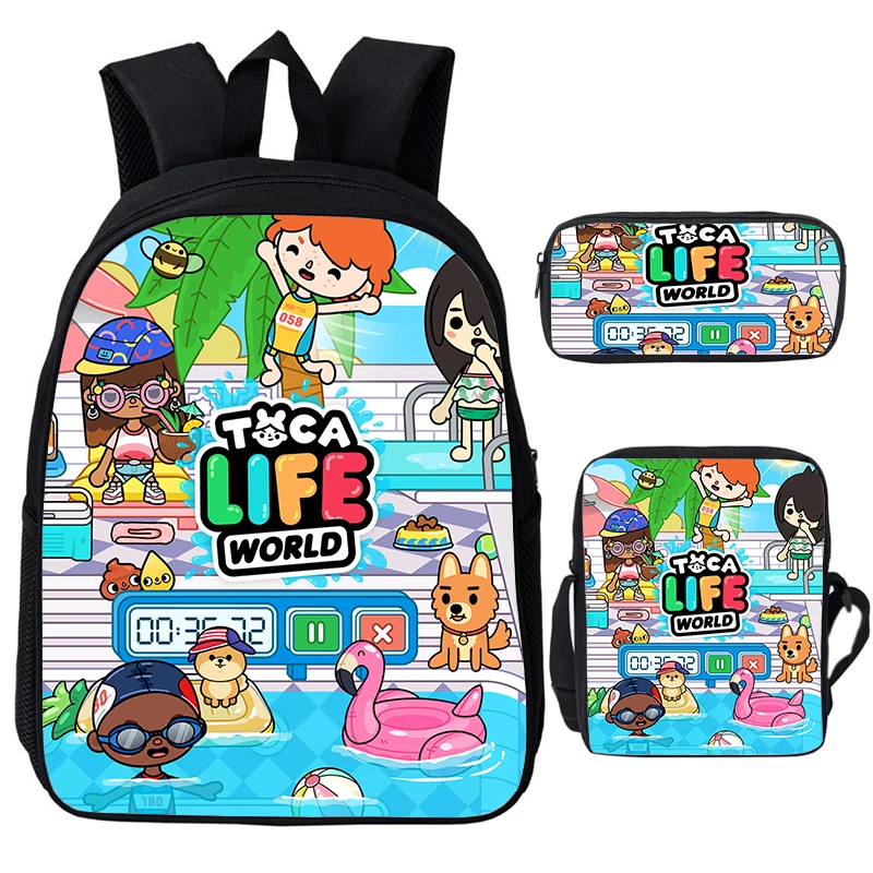 3D Anime Toca Life World Mochila, adolescente meninos e meninas Schoolbag, Zipper Bagpacks, mochila para estudantes, 3pcs por conjunto