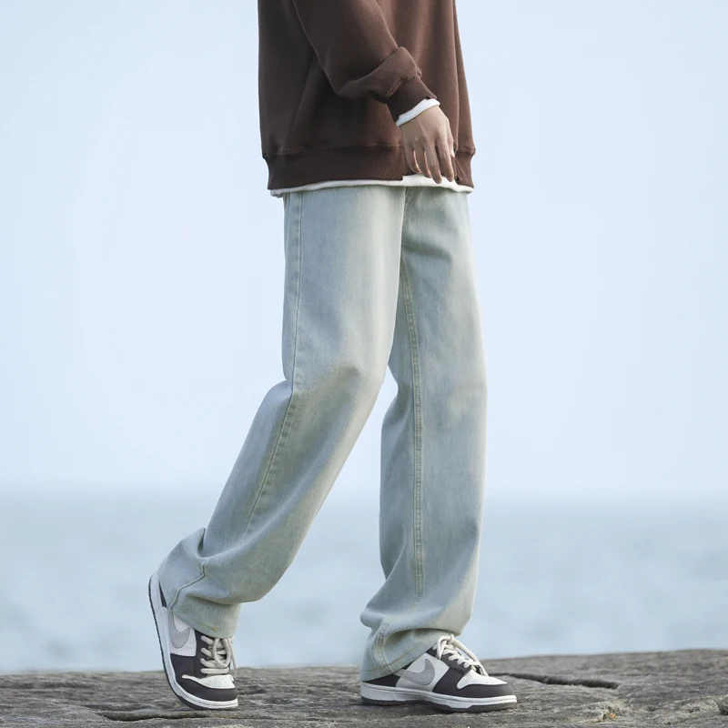 Fashion Zipper Elastic Straight Gradient Jeans Men's Clothing 2024 Spring Summer New Loose All-match Washed Jeans Trousers