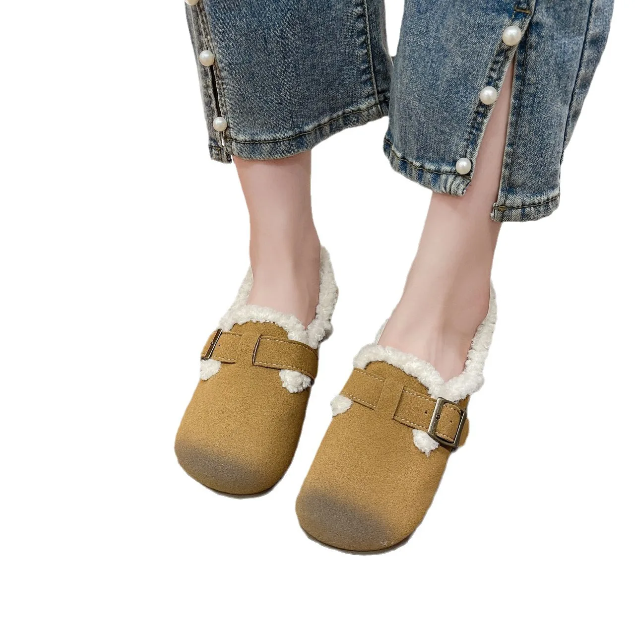 أحذية الشتاء النسائية الصوف المسطحة Birkenstocks 2025 شقة سوليد جولة رئيس مريحة كسول دواسة واحدة أحذية نسائية قطنية