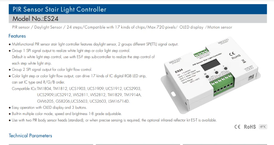 Imagem -03 - Pir Sensor Stair Light Controller Led Pixel Lamp 24ch x 1a Max 720 Pixels para Tm1812 Ucs1903 Ws2811 Ws2812 ic Es24 524v Novo