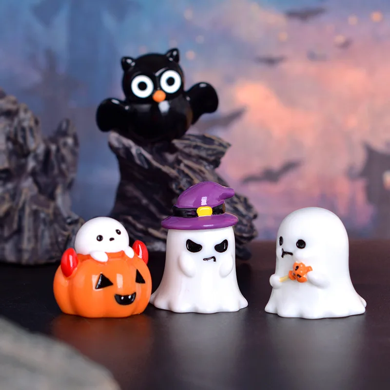 Figurine Miniature Lovely Cartoon Pumpkin Ghost Micro Landscape Ornaments For Halloween Decorations Home Office Desk Room Decor