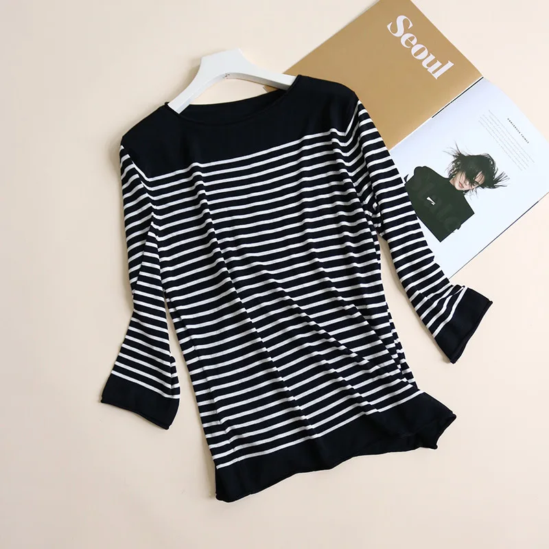 MadBlack-45%Silk 55%Lyocell Elegant Knit T-Shirt, O Neck 3/4 Sleeve Striped, Women Fashion Casual Thin Top, 2026 Summer T65515CC