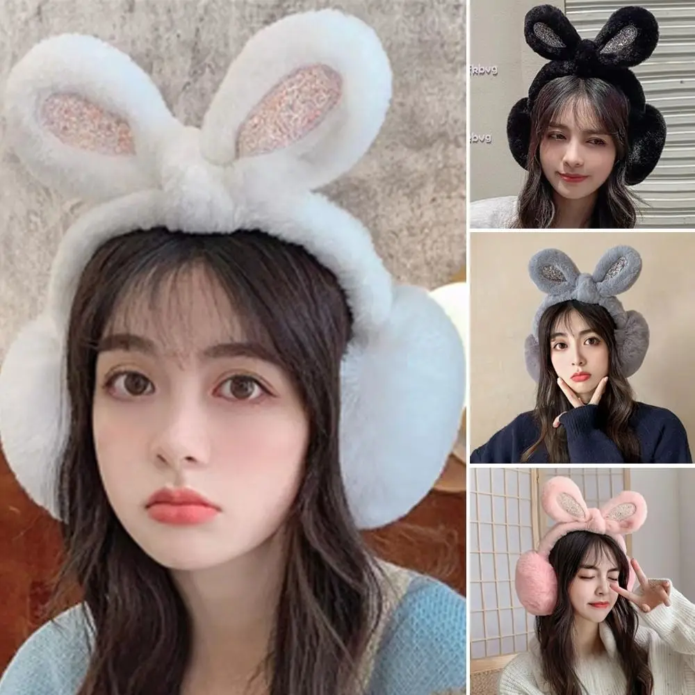 موضة أفخم الترتر أرنب الأذن غطاء للأذنين المضادة للتجميد سميكة الأذن دفئا الدفء طوي الشتاء الأذن يفشل للنساء الفتيات