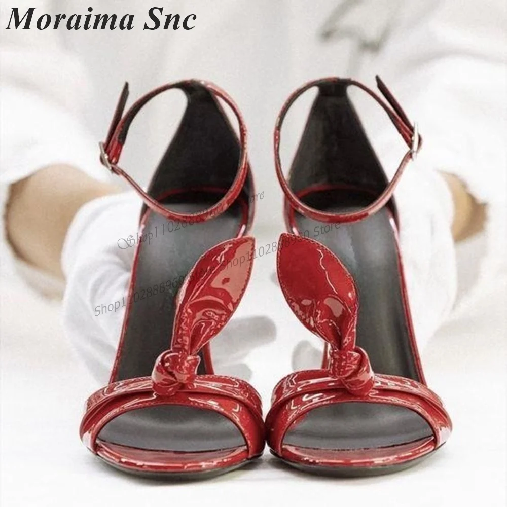 Graceful Red Patent Leather Knot Decor Sandals Thin High Heel Women Shoes Ankle Buckle Strap Open Toe 2023 Zapatos Para Mujere