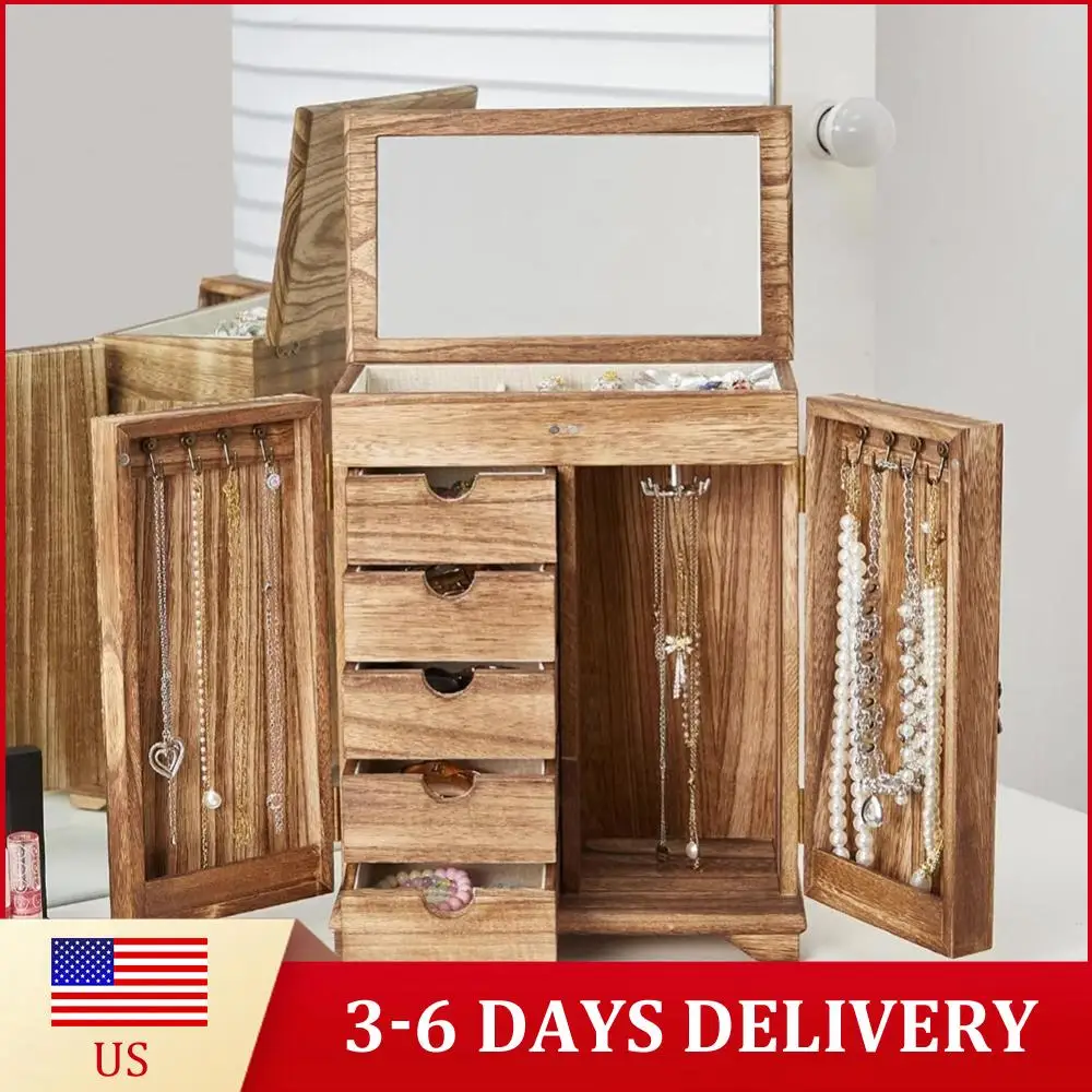 

Деревянная шкатулка для украшений с ящиками и зеркалом, винтажный органайзер для хранения и демонстрации ювелирных изделий для туалетного столика