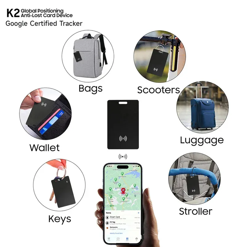 

Карта-трекер для Android, глобальный позиционер, ультратонкий локатор для кошелька, работает с Google Find My Device и Google's Find Hub.