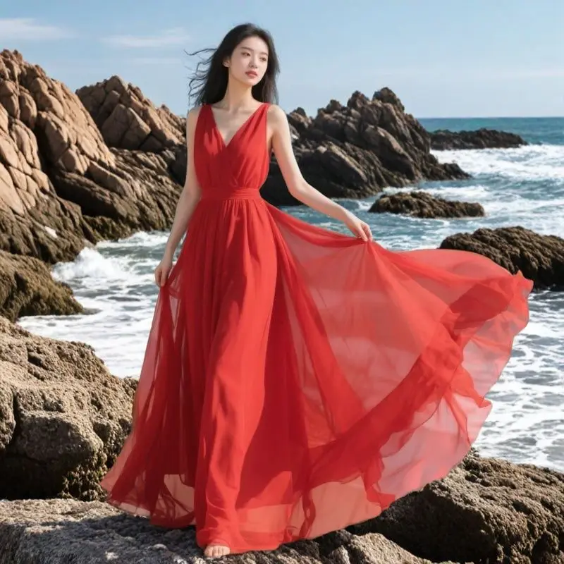 Boho ฤดูร้อนสีแดงชีฟองชุดชายหาดผู้หญิงเซ็กซี่ V คอวันหยุดเต้นรําชุดราตรียาว Maxi Robe 2025 ใหม่