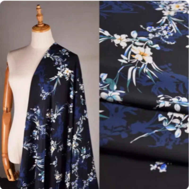 China Wind Black Bottom Blue White Flower Branch Print, Chiffon Fabric, Spring Summer Shirt Dress Sewing Tissue, Soft T2144