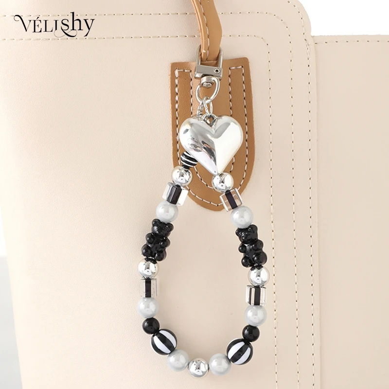 INS Korean Cute White Bow Heart Pearl Beads Beaded Phone Chain For iPhone Camera Hanging Rope Anti-Lost Lanyard Hanging Jewelry