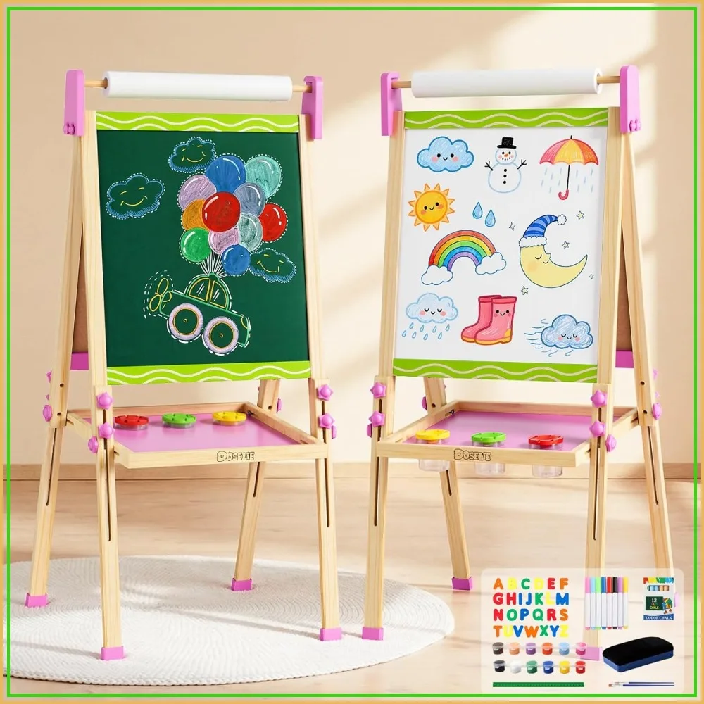 

Adjustable Wooden Kids Art Easel with Paper Roll, Double-Sided Magnetic Toddler Easels, Dry Erase Whiteboard and Chalk Board, Toys for 3-10 Year Old Girl Boy Gift