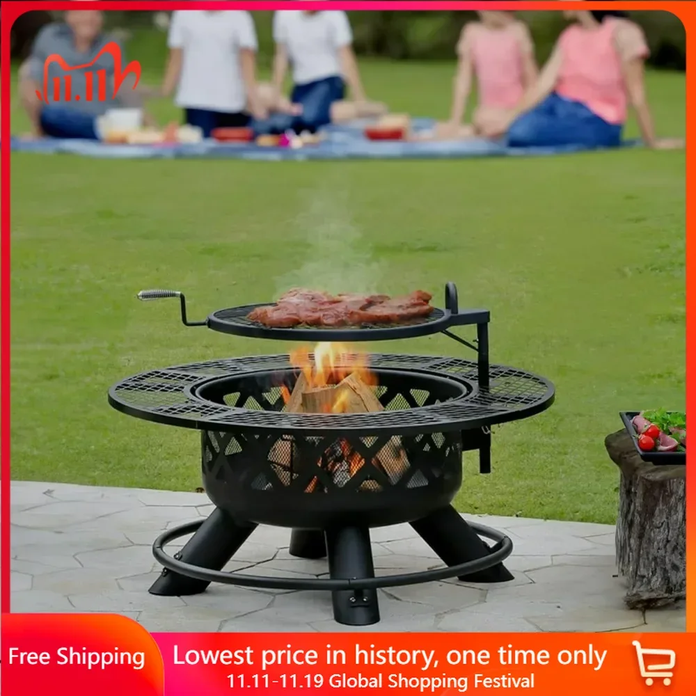 Outdoor Heaters, Steel Ranch Wood Burning Fire Pit Round Outdoor Fireplace with Adjustable Grill Top, Safety Ring, and Cooking